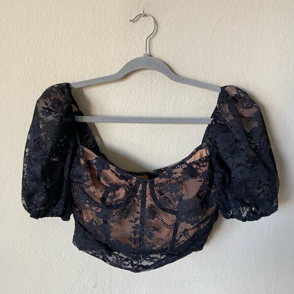 For Love And Lemons Rosalie Black Crop Top Lace Puff Sleeve Size S - Picture 5 of 8
